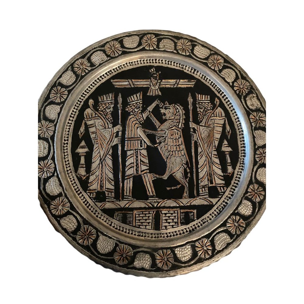 Vintage Persian Pewter And Copper Tray With Etched Men Desing